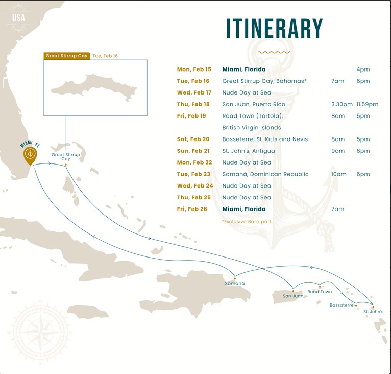 FKK Kreuzfahrt Big Nude Boat 2027 "Norwegian Jewel" mit MIRAMARE REISEN - Routenplan